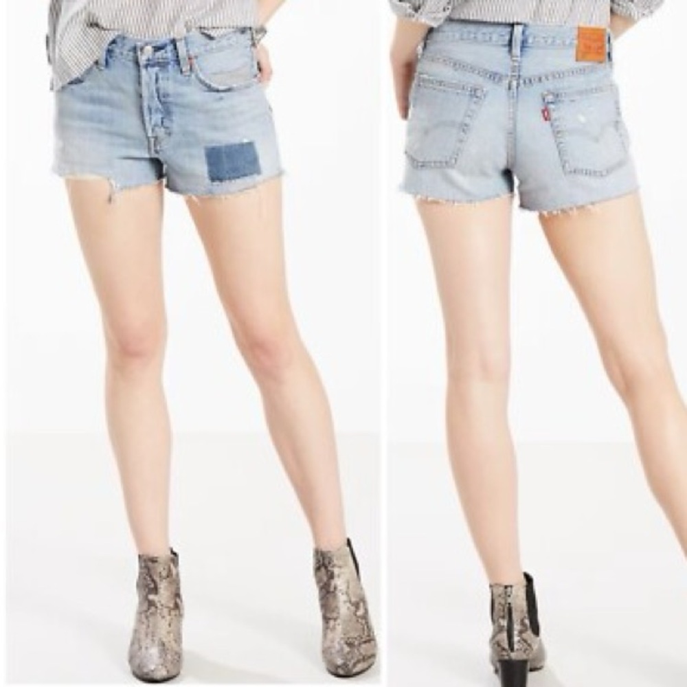 Levi's Women's Distressed LightBlue Denim Buttonfly Patchwork Jean Shorts Sz. 28